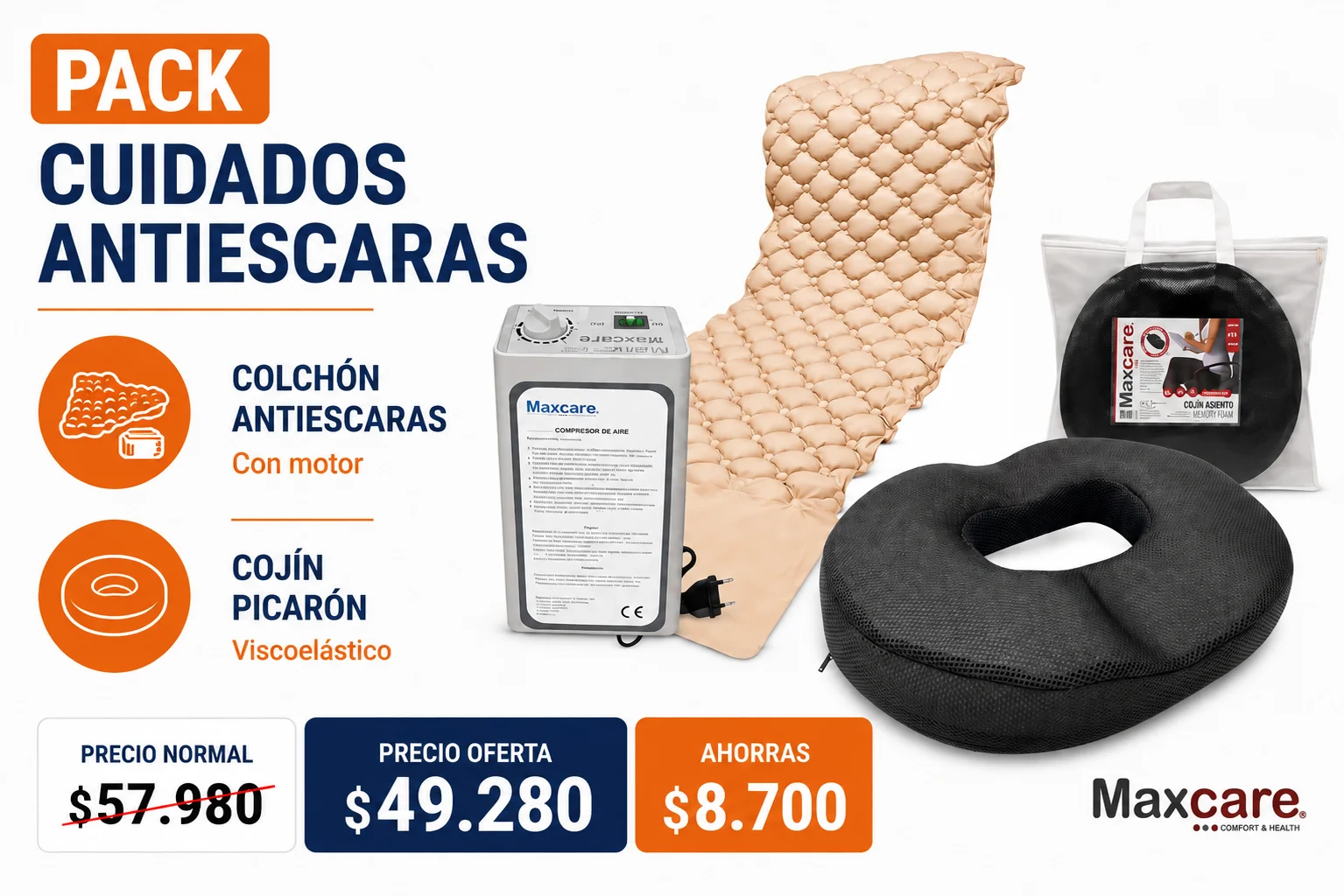 Pack Cuidados Antiescaras con colchón Maxcare con motor y cojín picarón viscoelástico