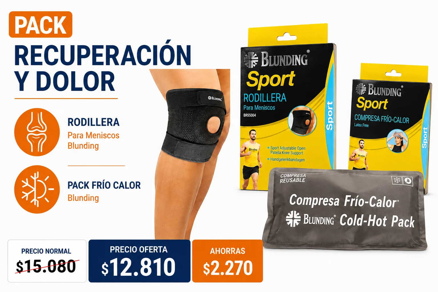 Pack Blunding con rodillera para meniscos y compresa reutilizable frío calor