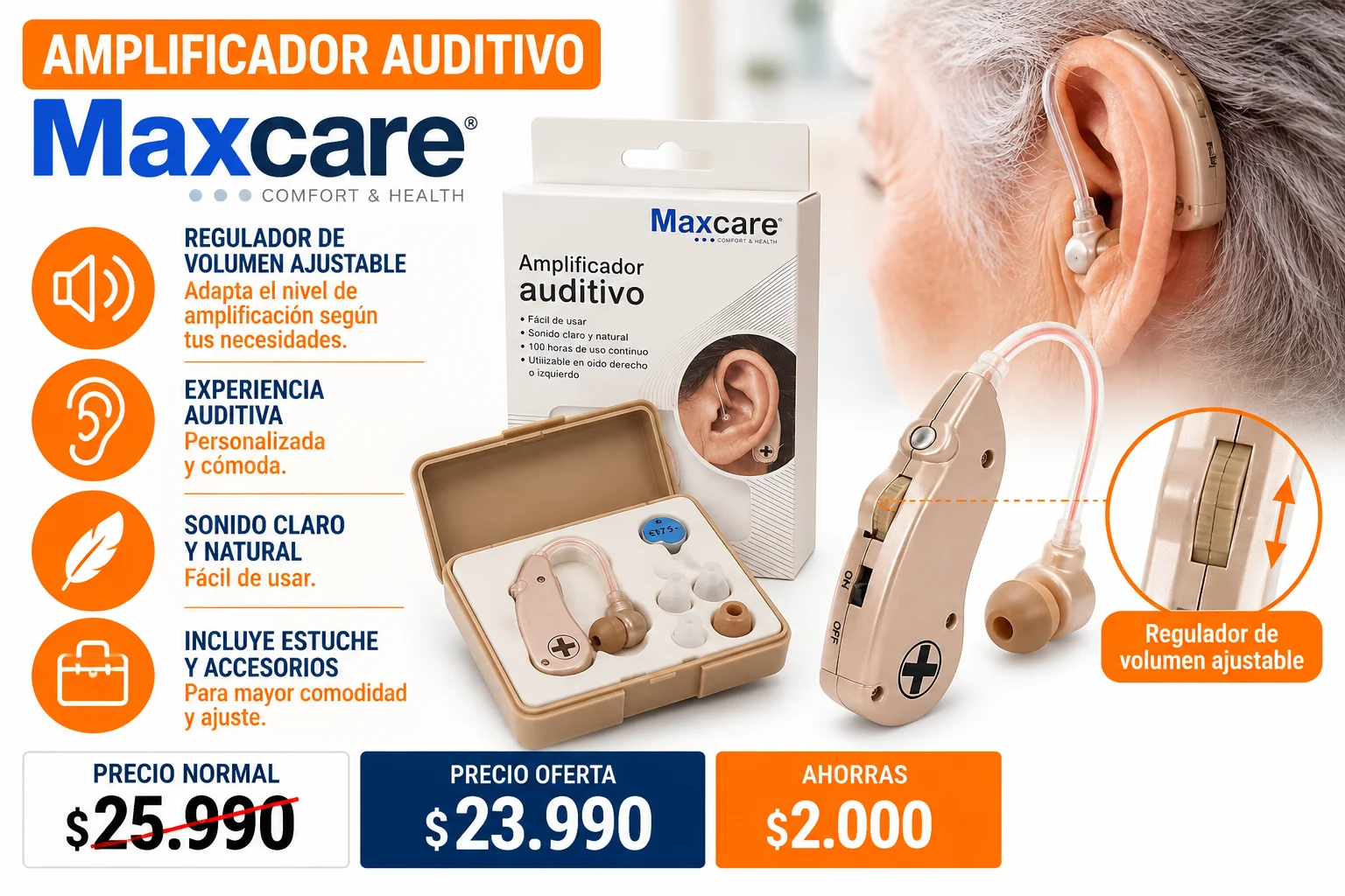 Amplificador auditivo Maxcare con volumen ajustable